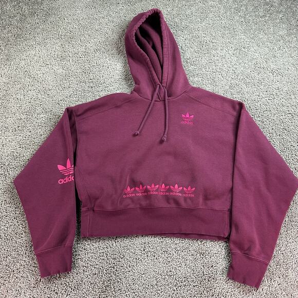 Adidas Trefoil Hoodie Womens Medium Burgundy Red Logo Play Cropped Sweatshirt * - Picture 2 of 13